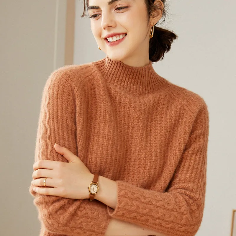 100% Pure Cashmere Sweater Half Turtleneck Soft Casual Loose Long-sleeved Cashmere Sweater