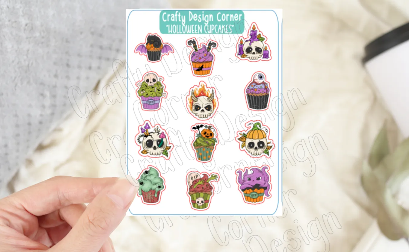 1" Holloween Cupcakes stickers, Cupcakes with Skulls sticker sheet, Matte Planner Sticker or Glossy Planner Sticker, Cute Cupcakes skulls