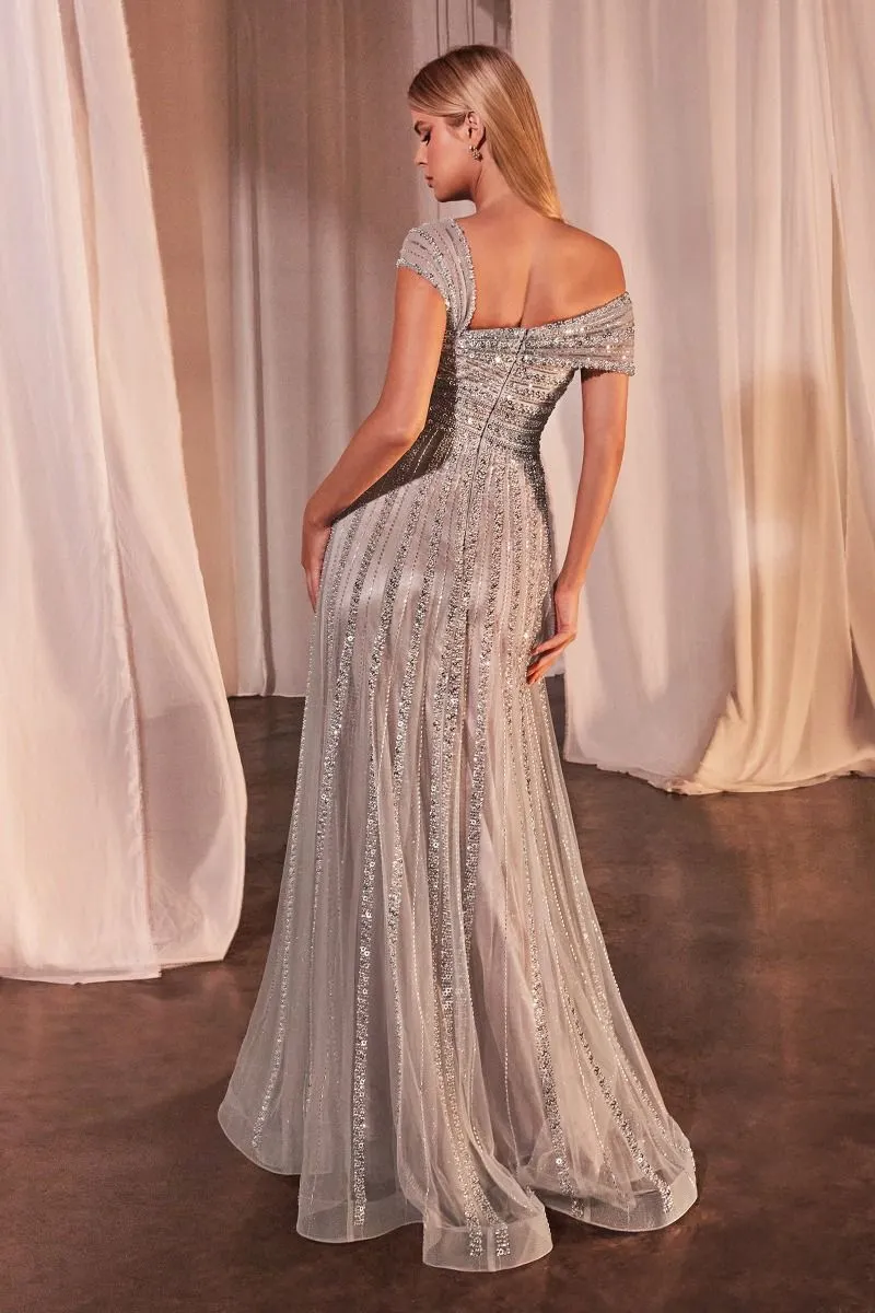 ASYMMETRICAL OFF THE SHOULDER A-LINE BEADED GOWN  CDCD0238