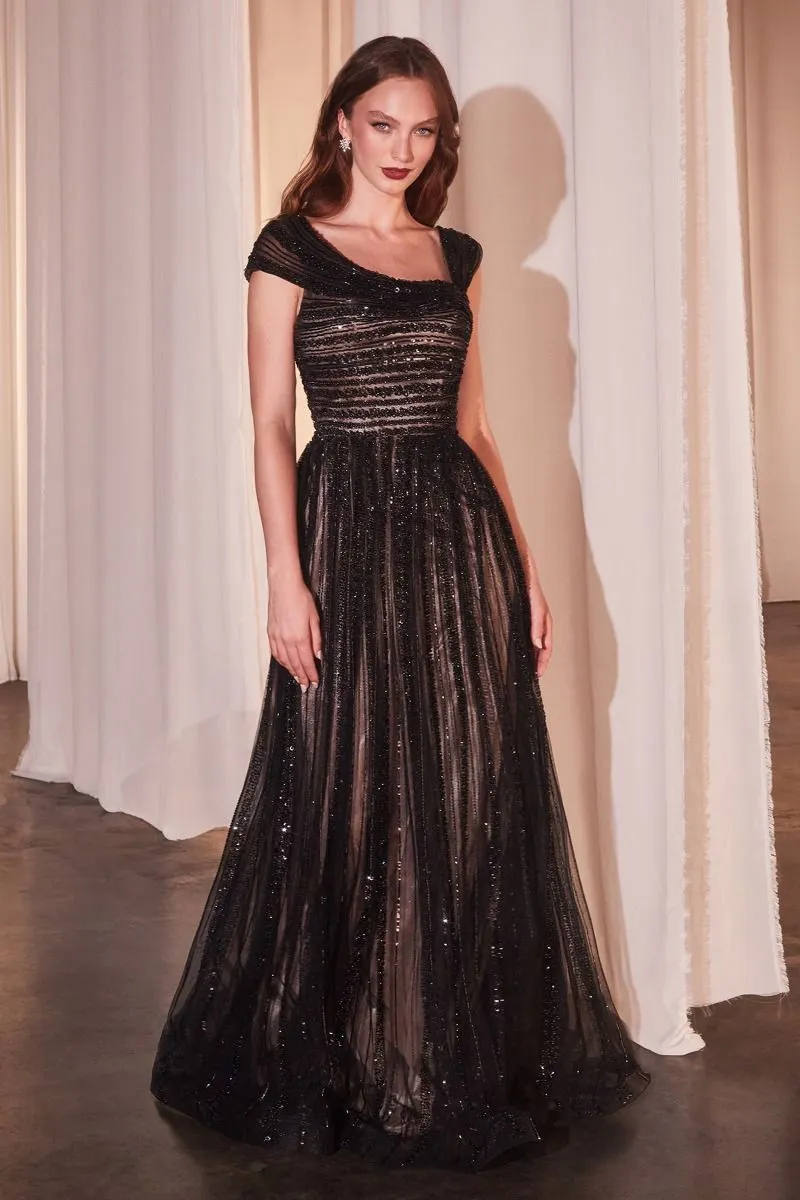 ASYMMETRICAL OFF THE SHOULDER A-LINE BEADED GOWN  CDCD0238
