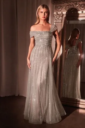 ASYMMETRICAL OFF THE SHOULDER A-LINE BEADED GOWN  CDCD0238