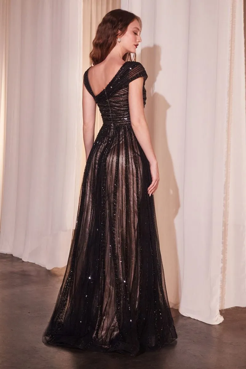 ASYMMETRICAL OFF THE SHOULDER A-LINE BEADED GOWN  CDCD0238