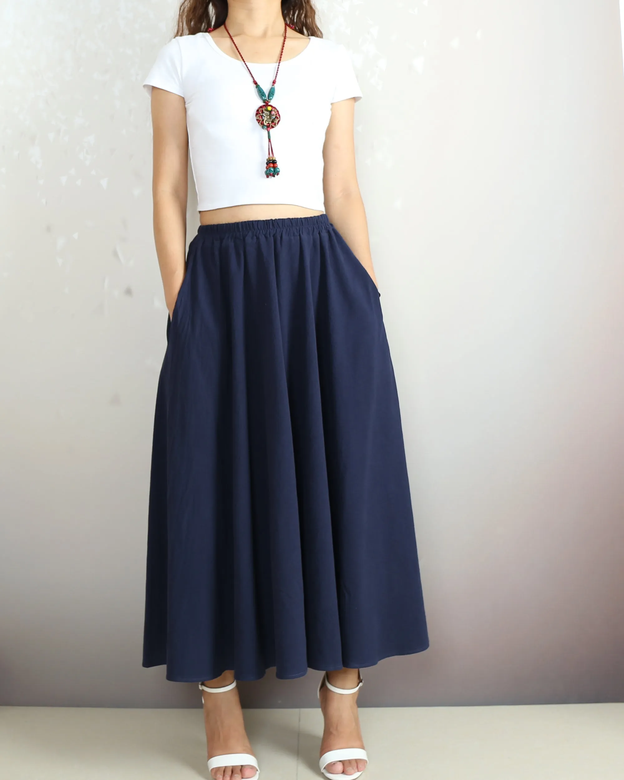 Boho skirt with pockets, Linen skirt, Elastic waist skirt, high waist skirt, flared skirt(Q1065)