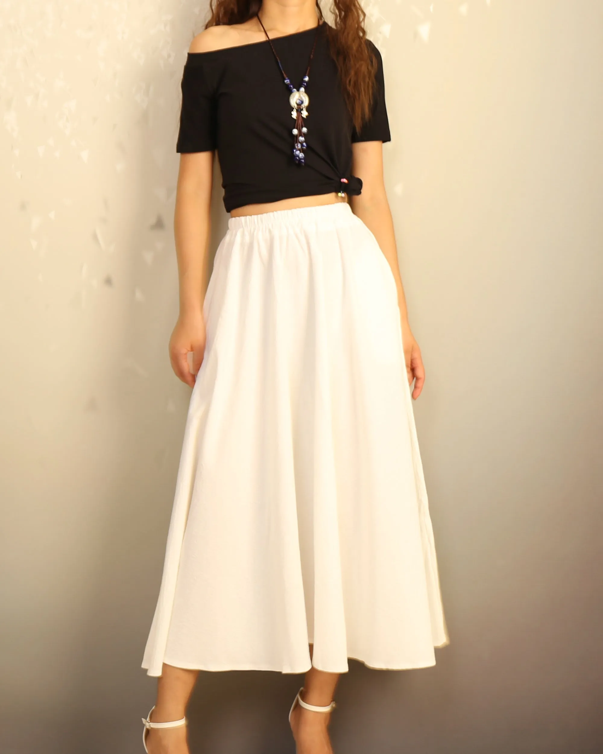 Boho skirt with pockets, Linen skirt, Elastic waist skirt, high waist skirt, flared skirt(Q1065)
