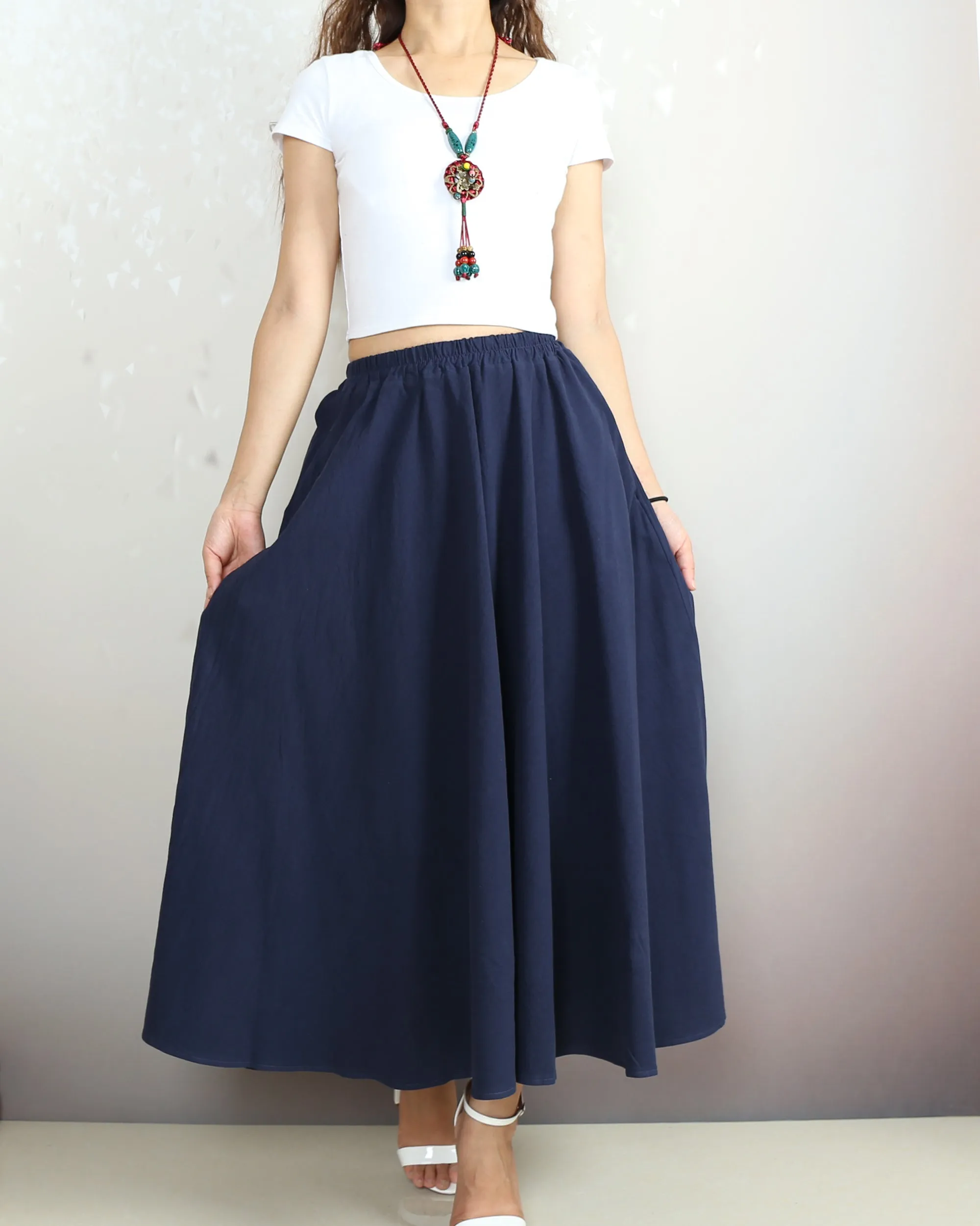 Boho skirt with pockets, Linen skirt, Elastic waist skirt, high waist skirt, flared skirt(Q1065)
