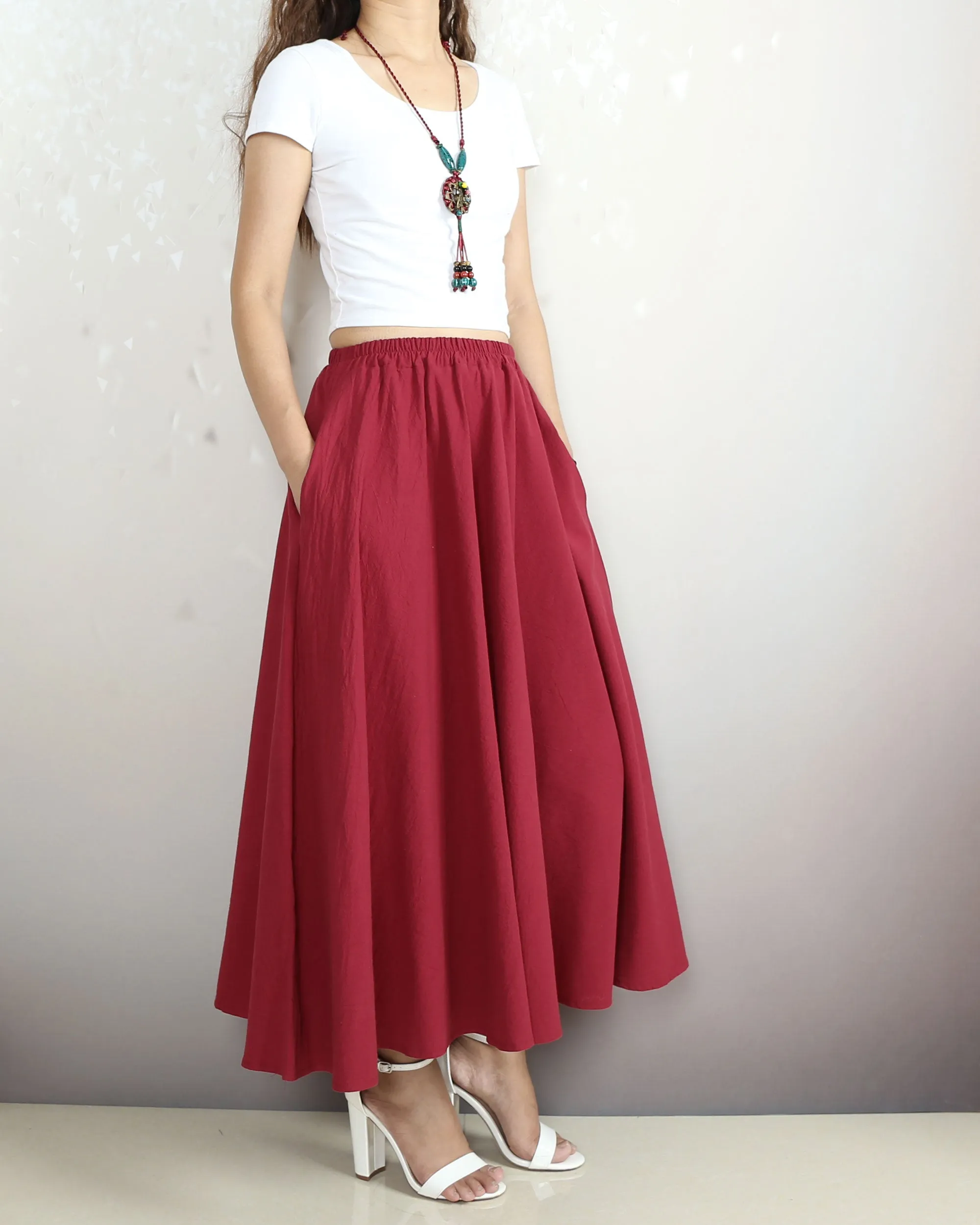 Boho skirt with pockets, Linen skirt, Elastic waist skirt, high waist skirt, flared skirt(Q1065)