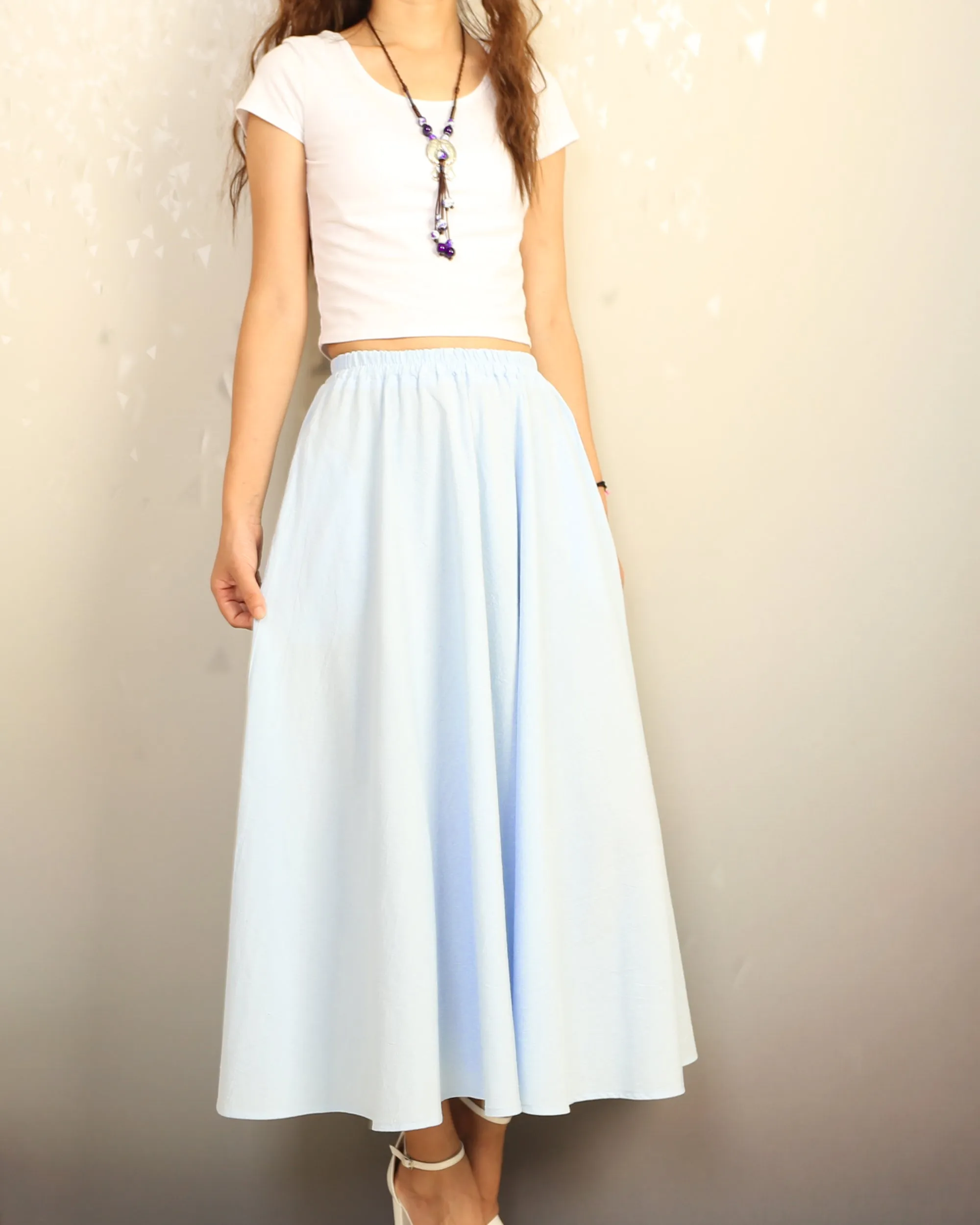 Boho skirt with pockets, Linen skirt, Elastic waist skirt, high waist skirt, flared skirt(Q1065)