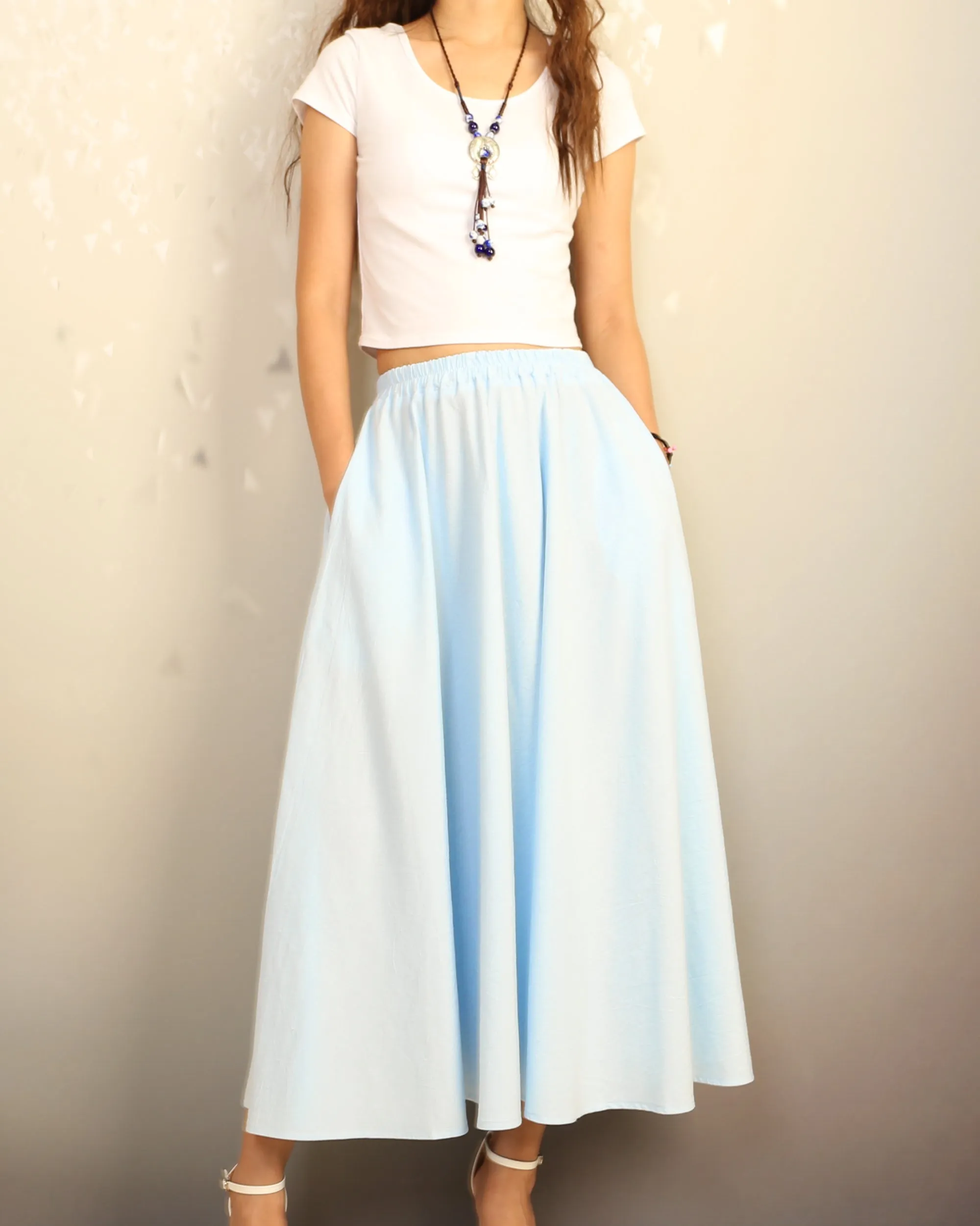 Boho skirt with pockets, Linen skirt, Elastic waist skirt, high waist skirt, flared skirt(Q1065)