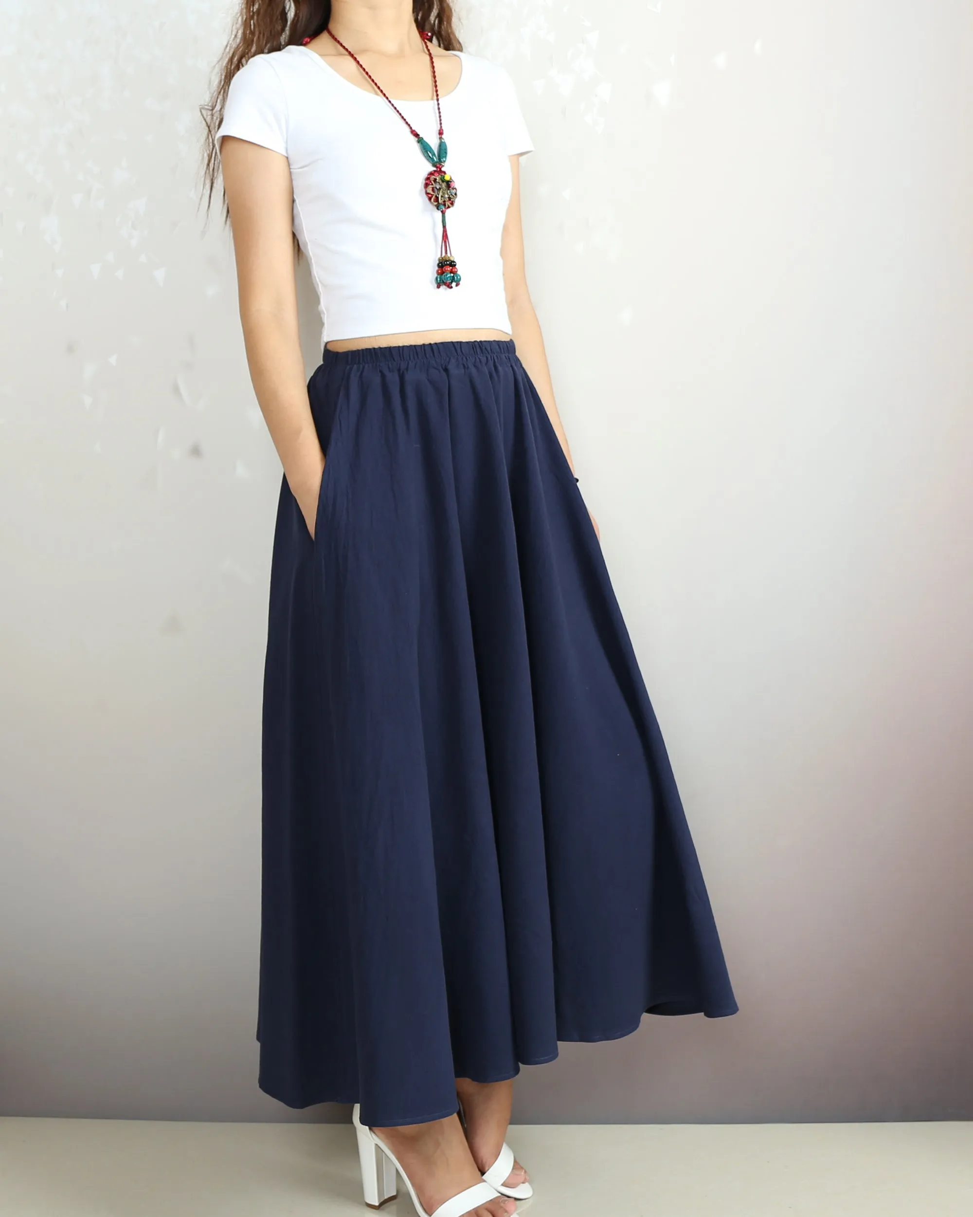 Boho skirt with pockets, Linen skirt, Elastic waist skirt, high waist skirt, flared skirt(Q1065)