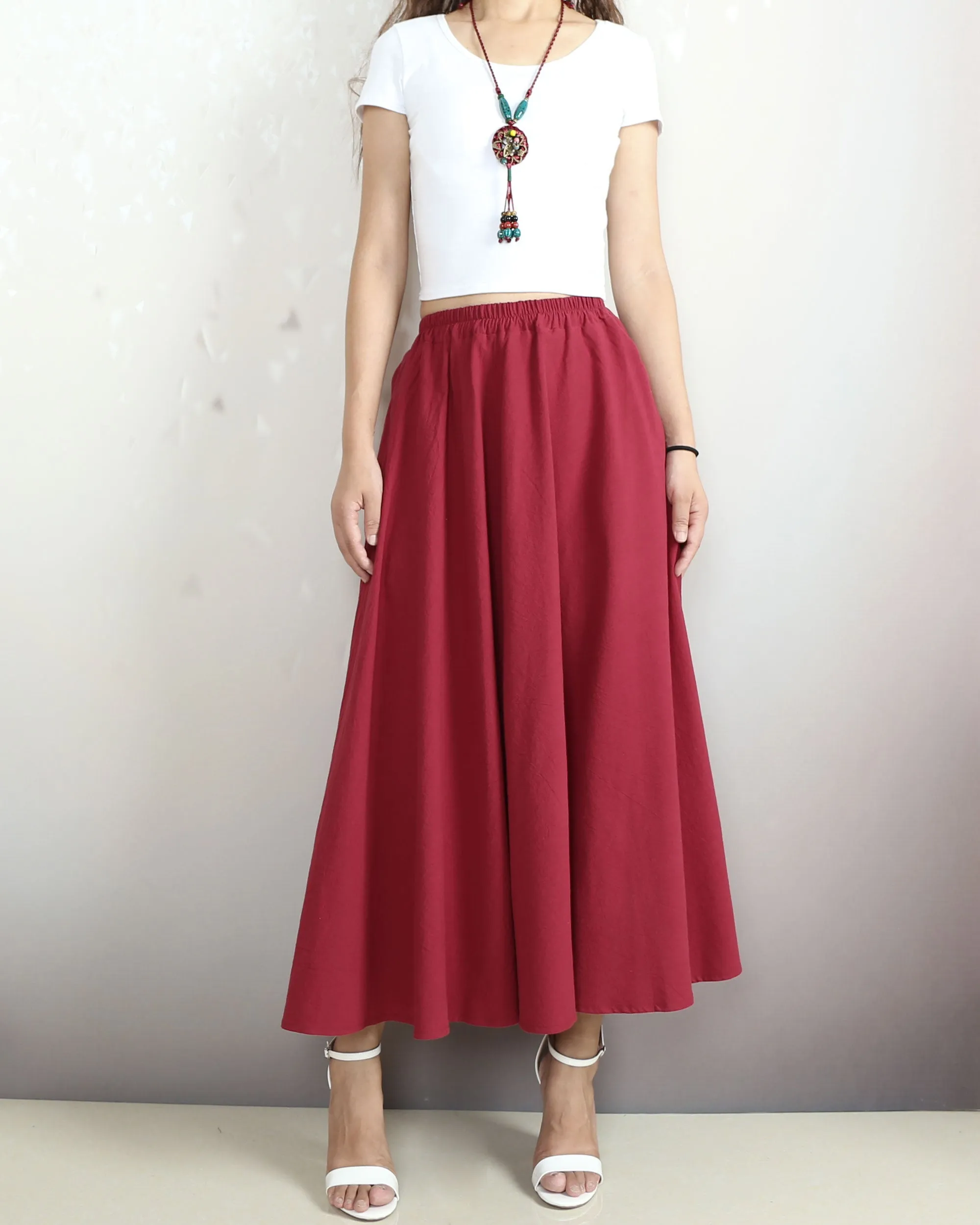 Boho skirt with pockets, Linen skirt, Elastic waist skirt, high waist skirt, flared skirt(Q1065)