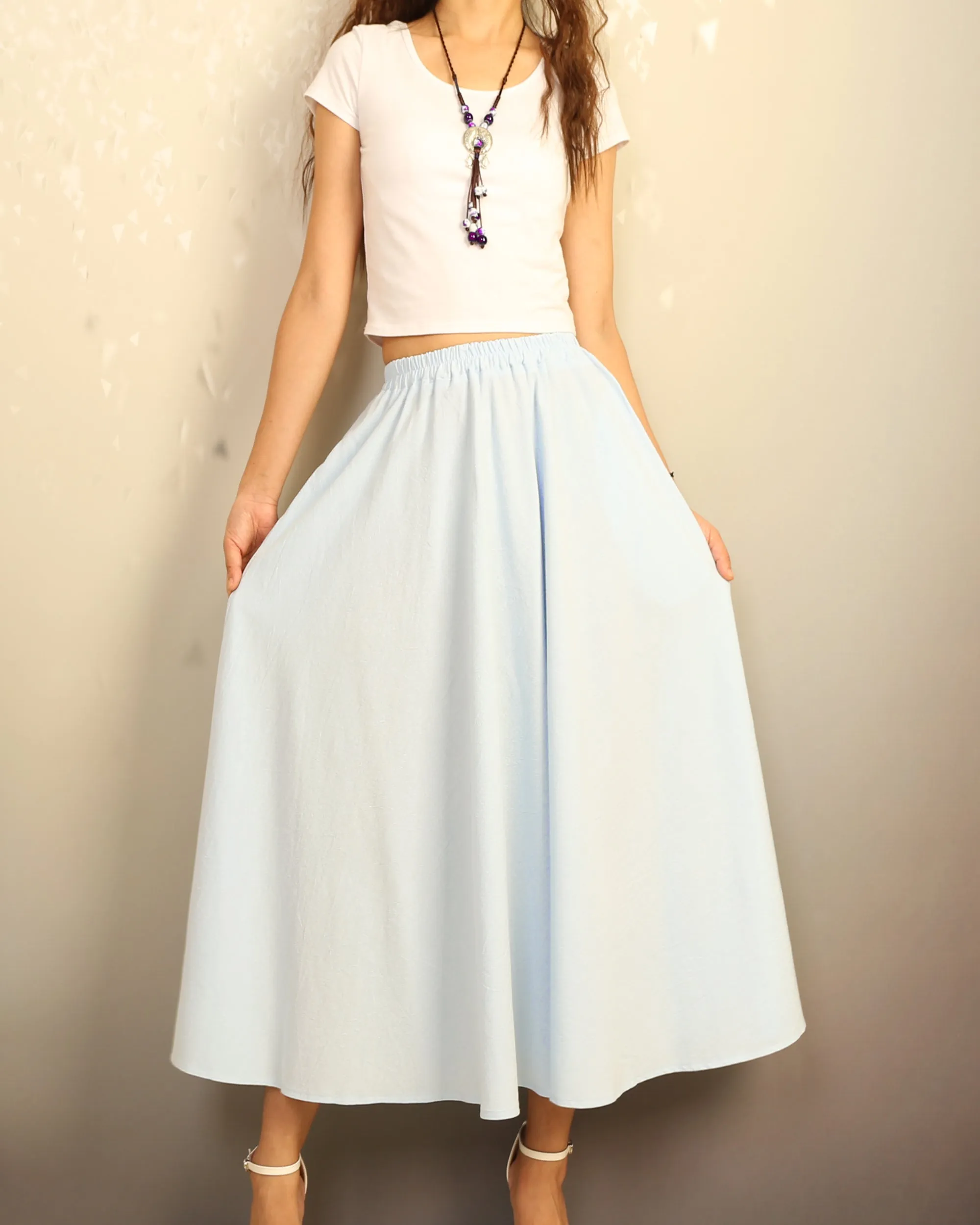 Boho skirt with pockets, Linen skirt, Elastic waist skirt, high waist skirt, flared skirt(Q1065)