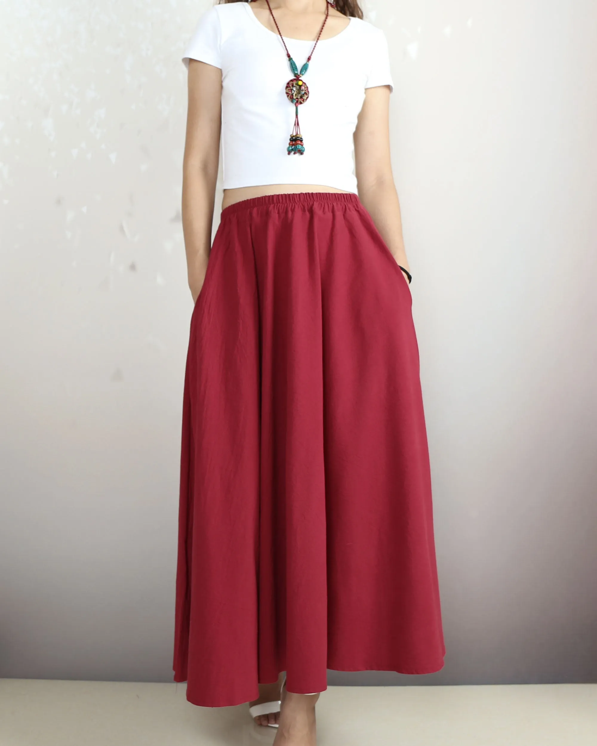 Boho skirt with pockets, Linen skirt, Elastic waist skirt, high waist skirt, flared skirt(Q1065)