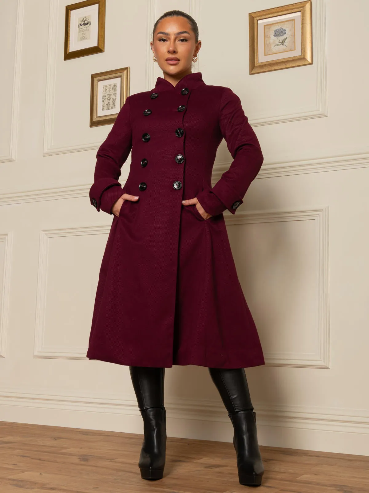 Double Breasted Button Detail Fit And Flare Coat, Burgundy