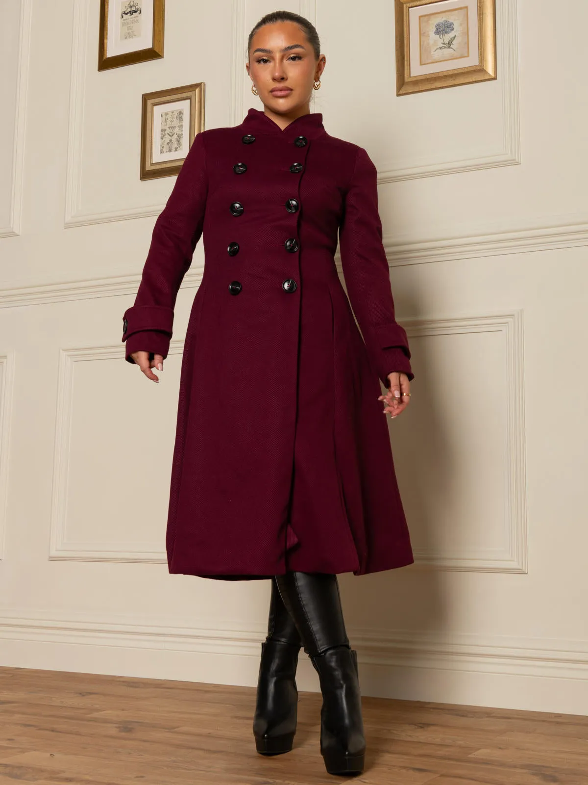 Double Breasted Button Detail Fit And Flare Coat, Burgundy