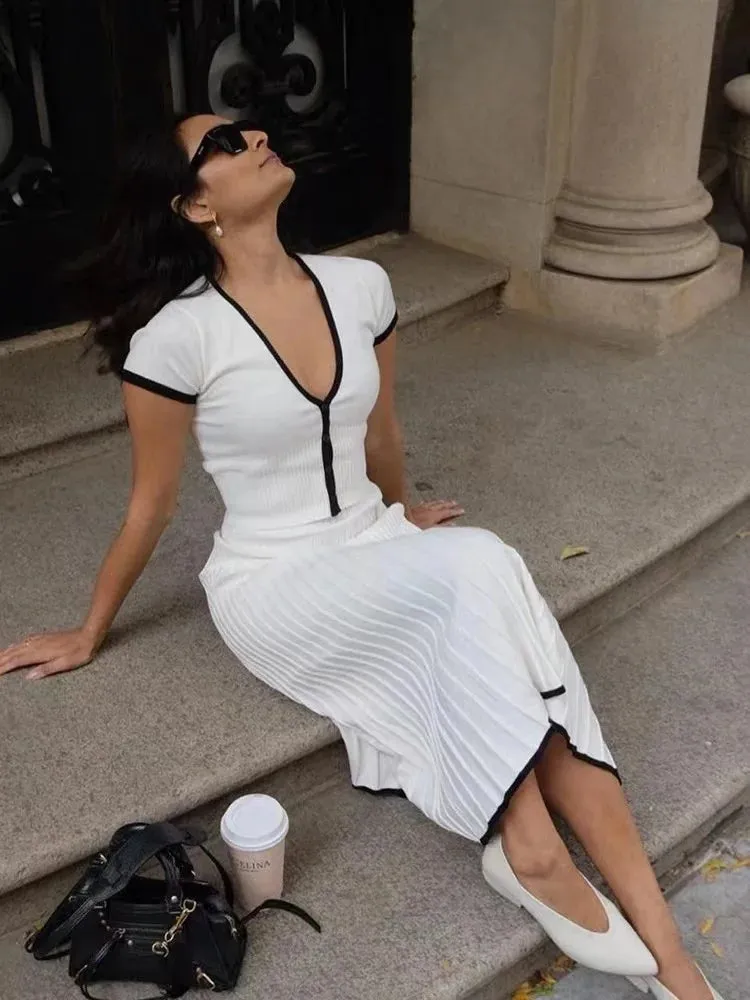 Elegant Long White Neck Summer 2024 Crop V Office Pleated Skirt Top Dress