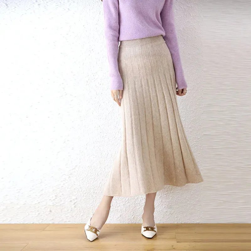 Elegant Thick Warm Pleated Knitted Pure Wool High Waist Trendy Autumn Winter Skirt