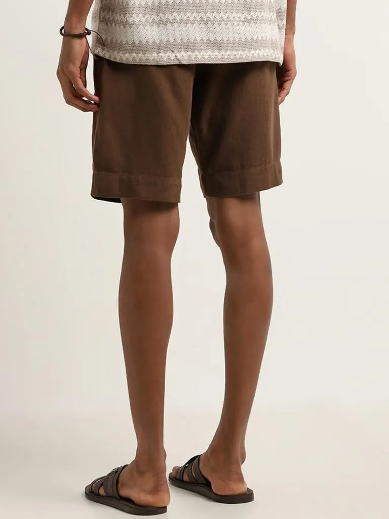 ETA Brown Cotton Blend Relaxed Fit Mid-Rise Shorts