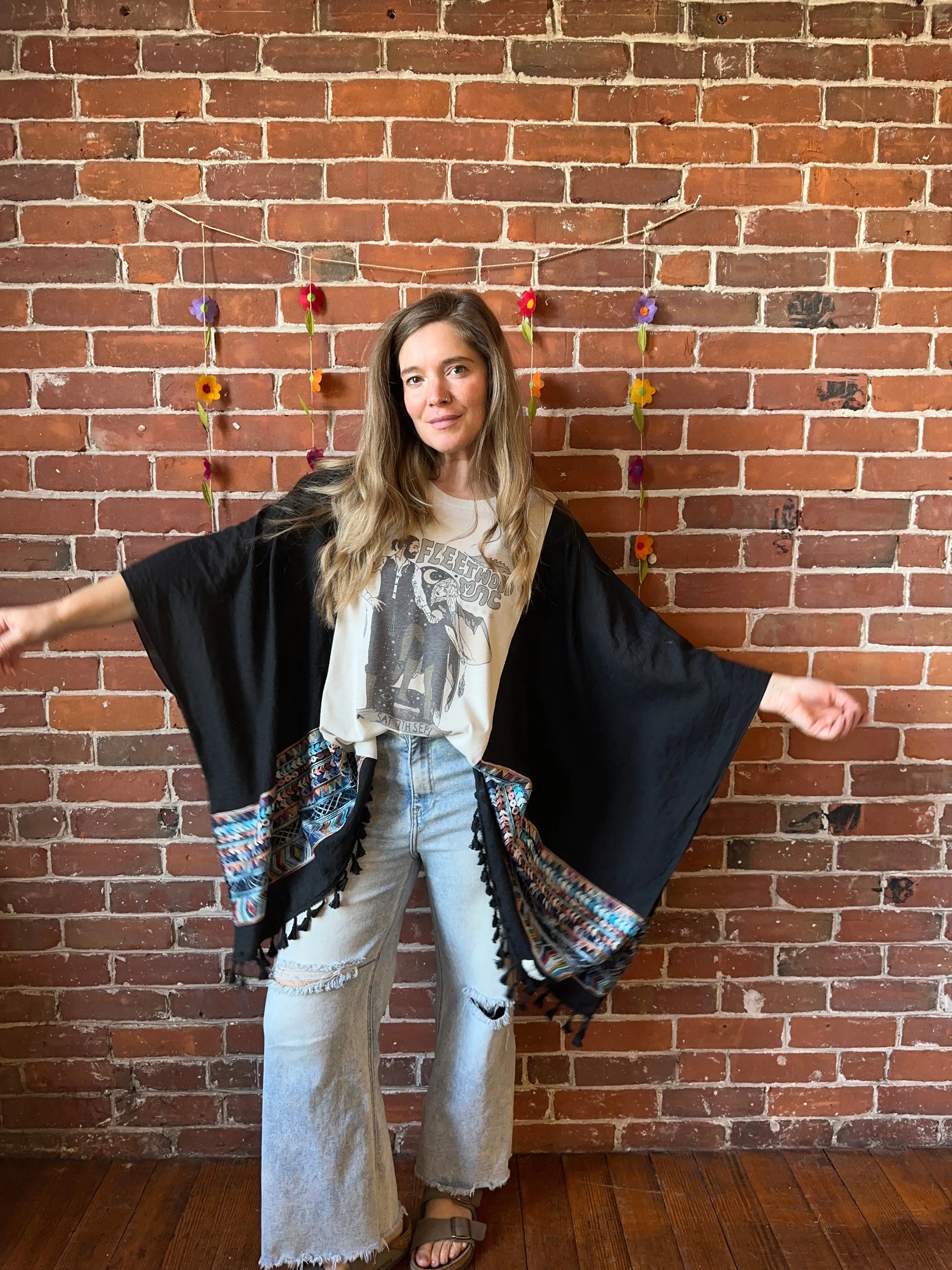 Fleetwood Mac Dreams Inspired Black Tassel Embroidered Poncho