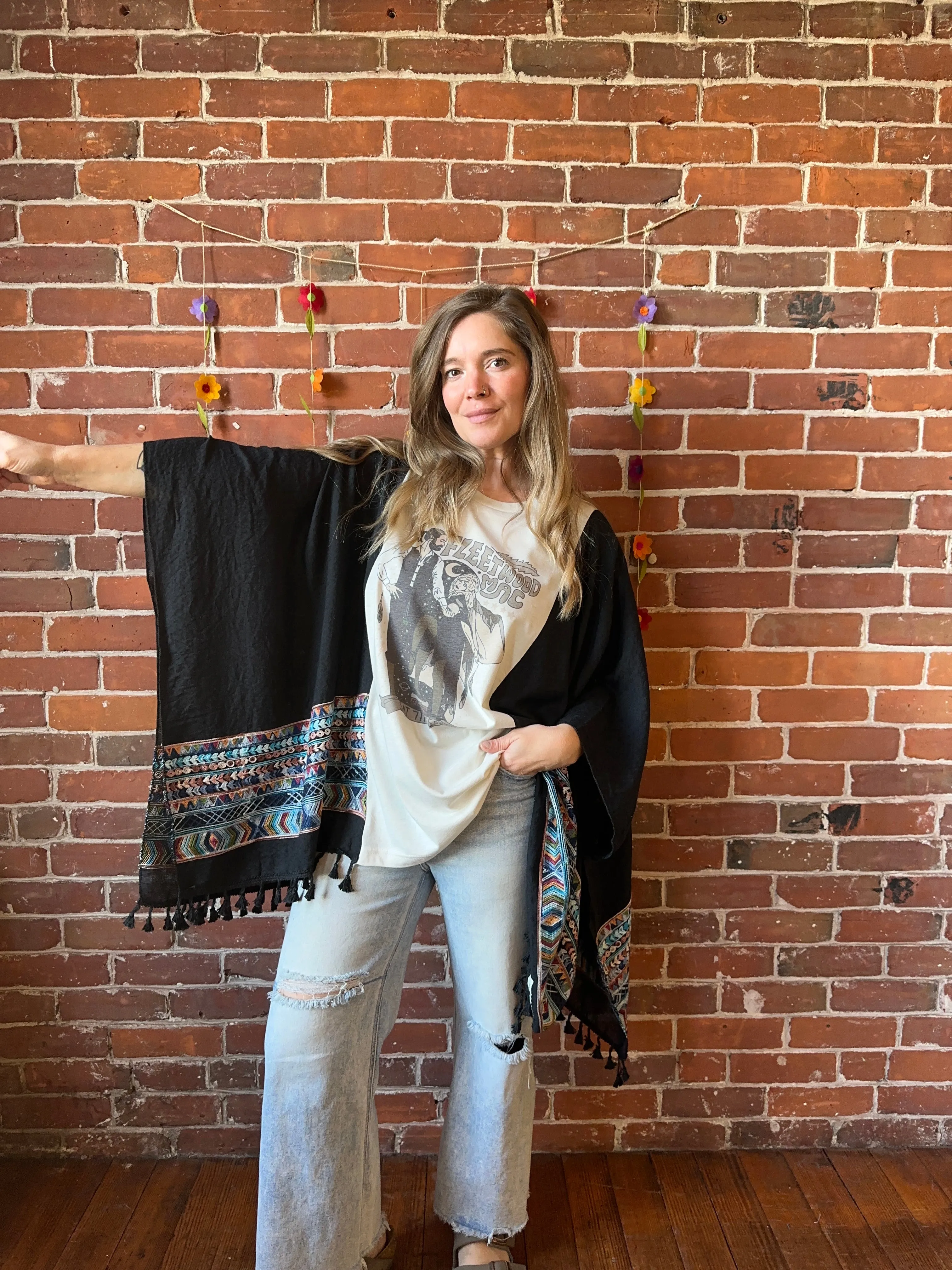 Fleetwood Mac Dreams Inspired Black Tassel Embroidered Poncho