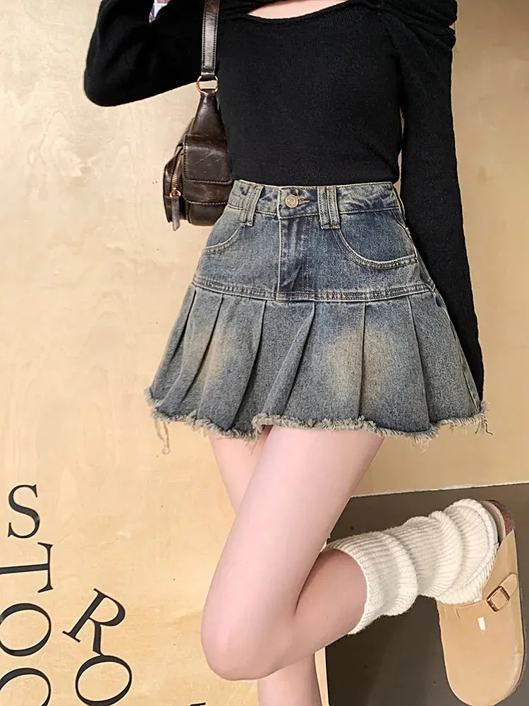 Girlary Slergiri Women's Y2k Vintage A-line Denim Skirts Streetwear High Waisted Girls 90s Washed Raw Hem Pleated Mini Skirts 2024 New