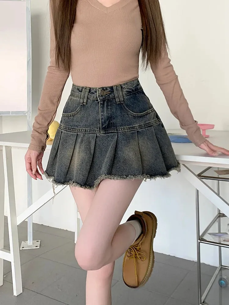 Girlary Slergiri Women's Y2k Vintage A-line Denim Skirts Streetwear High Waisted Girls 90s Washed Raw Hem Pleated Mini Skirts 2024 New