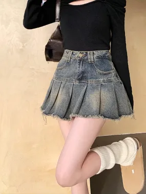 Girlary Slergiri Women's Y2k Vintage A-line Denim Skirts Streetwear High Waisted Girls 90s Washed Raw Hem Pleated Mini Skirts 2024 New