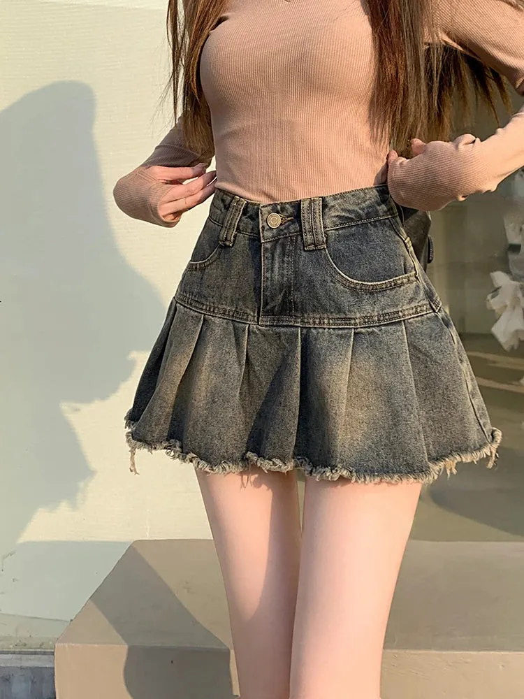 Girlary Slergiri Women's Y2k Vintage A-line Denim Skirts Streetwear High Waisted Girls 90s Washed Raw Hem Pleated Mini Skirts 2024 New