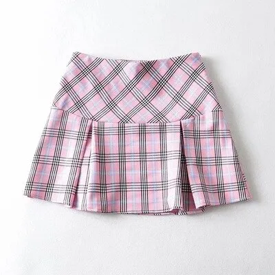Graduation Gifts  High Waist Sexy Plaid Patchwork Short Skirt For Women Ruffles Pleated Above Knee Mini Striped Harajuku Skirt Summer 2021 New D8