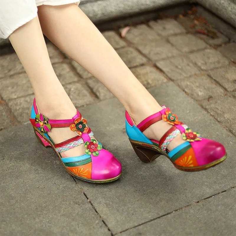 Handmade Leather Mary Jane Shoes 40mm Double-strap Pumps Block Heel in Red/Blue