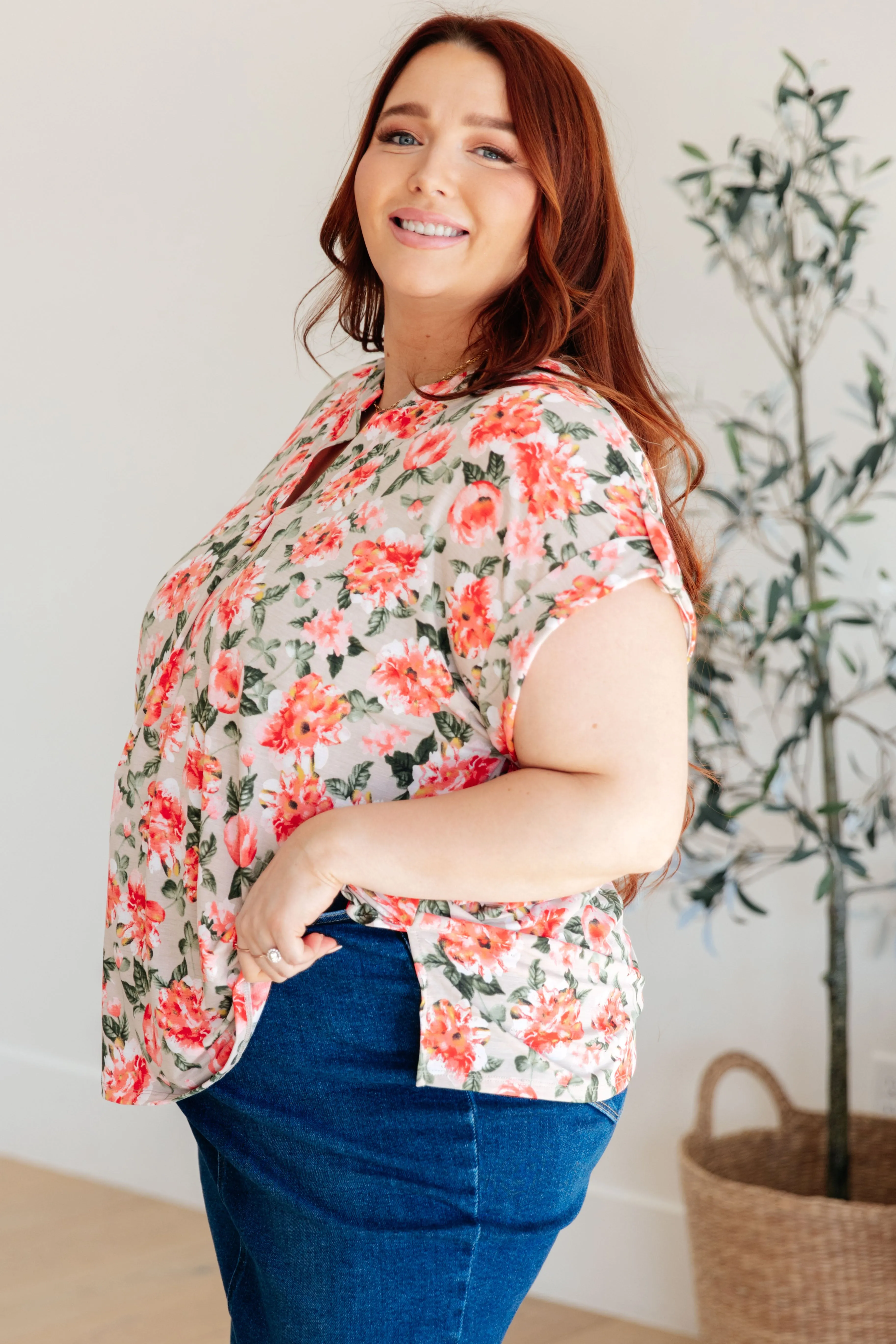 Hazel Blues® |  Lizzy Cap Sleeve Top in Coral and Beige Floral