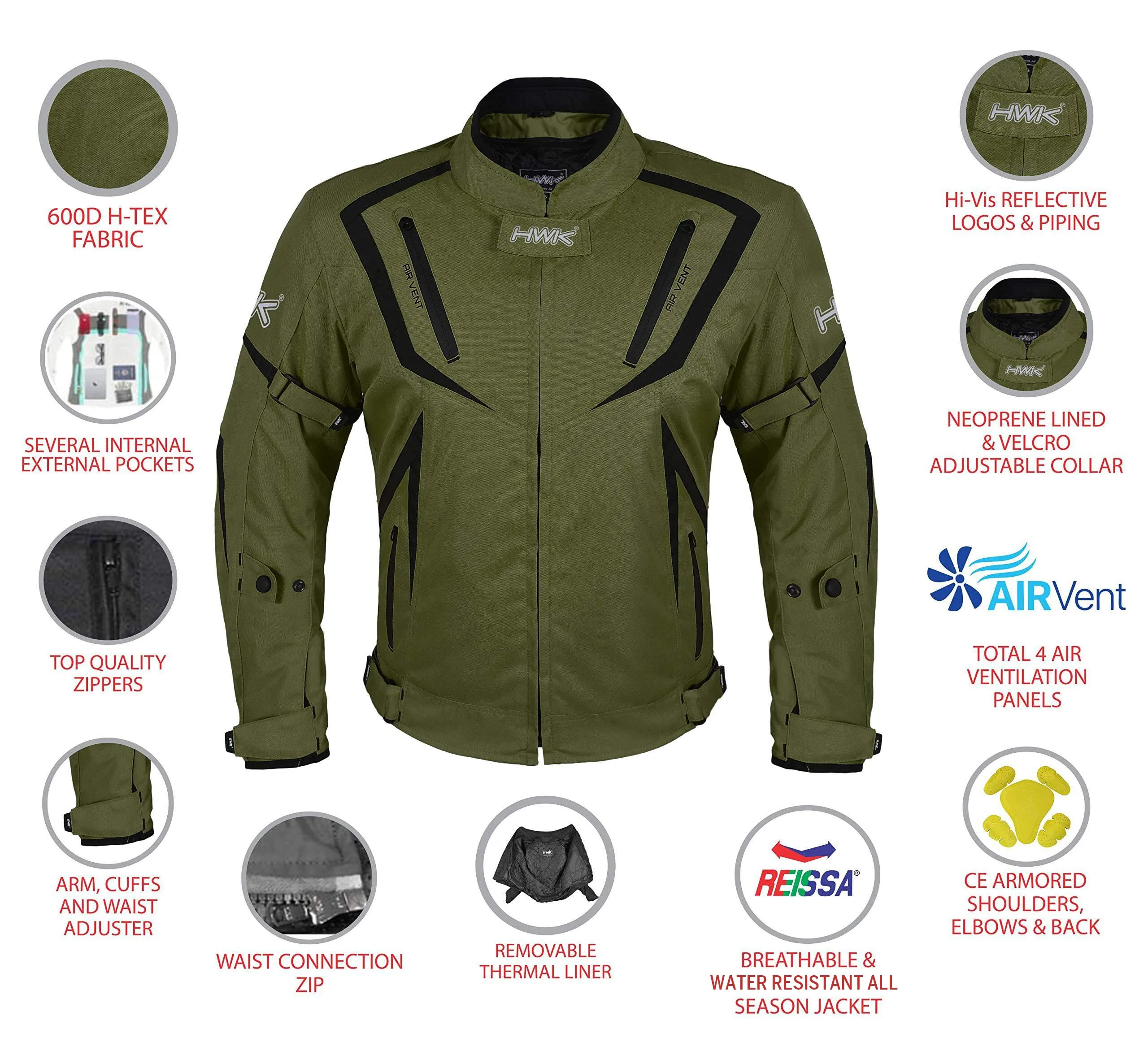 HWK Motorcycle Jacket Riding Mens Textile Motocross Dualsport Racing Hi-Vis Biker CE Armored Water Resistant Jackets (Military Green, 2XL)