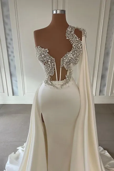 kamahe Gorgeous White A-line One Shoulder Graduation Dresses Long Glitter Prom Dresses With Split Online
