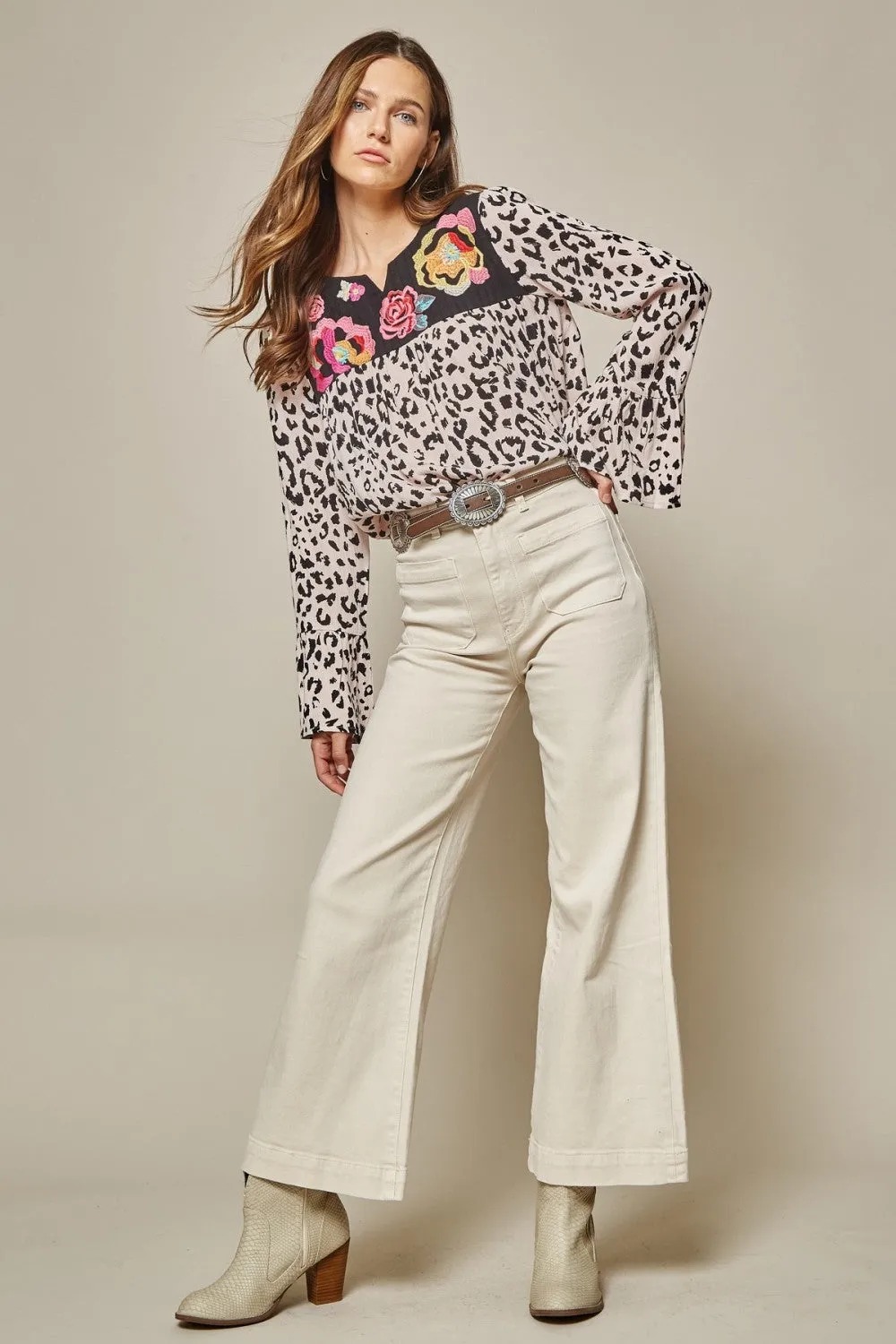 Leopard Embroidered Bell Sleeve Top