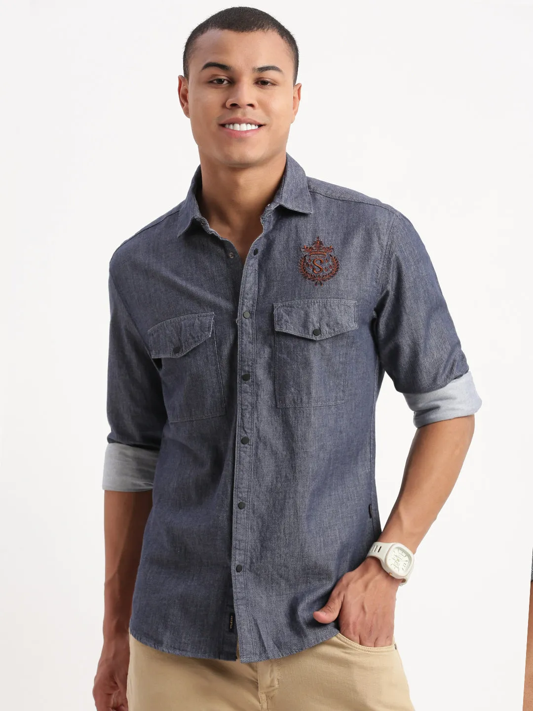 Men Solid Navy Blue Shirt