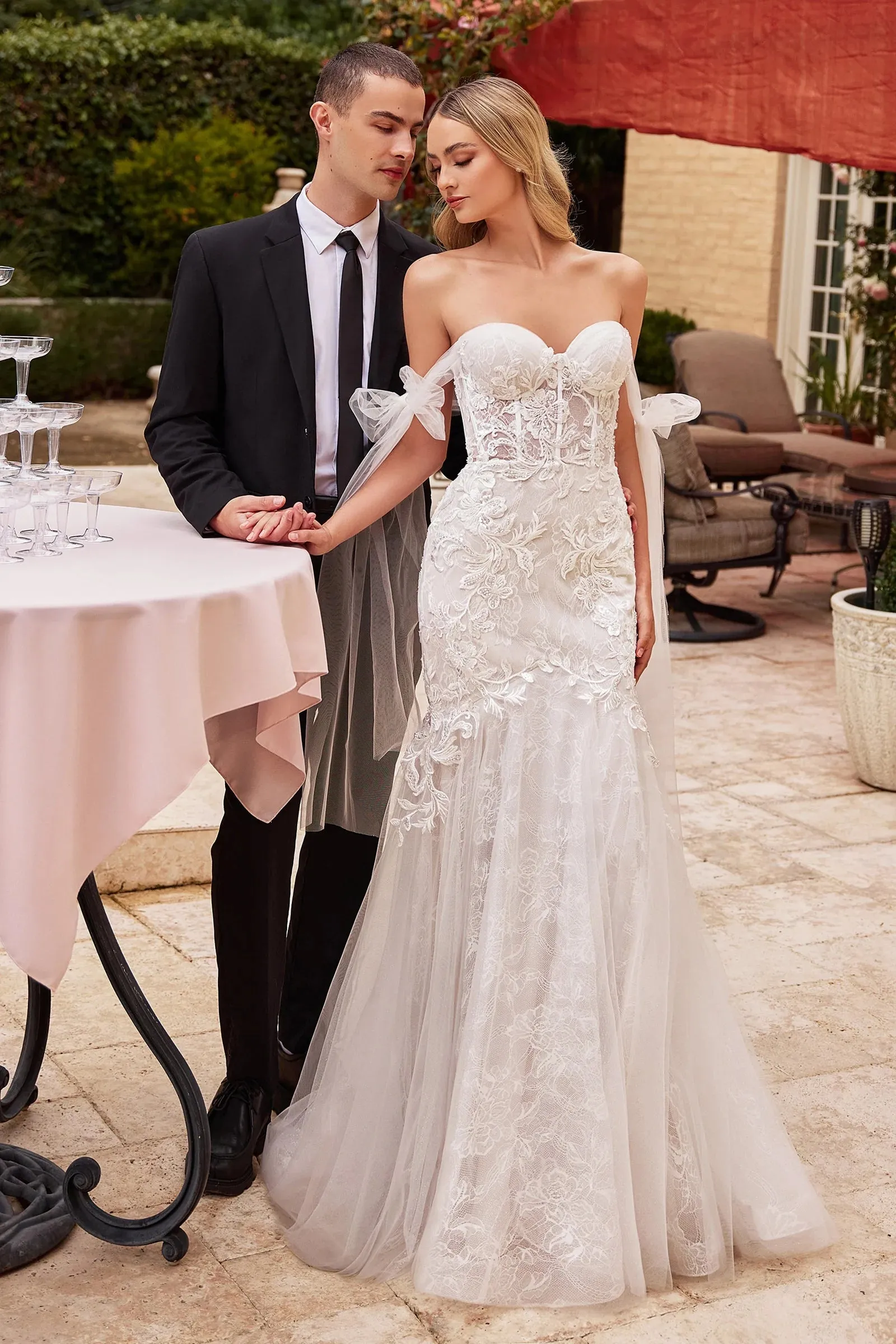 Naomi Off Shoulder Bow Lace Bustier Mermaid Wedding Dress: Off White