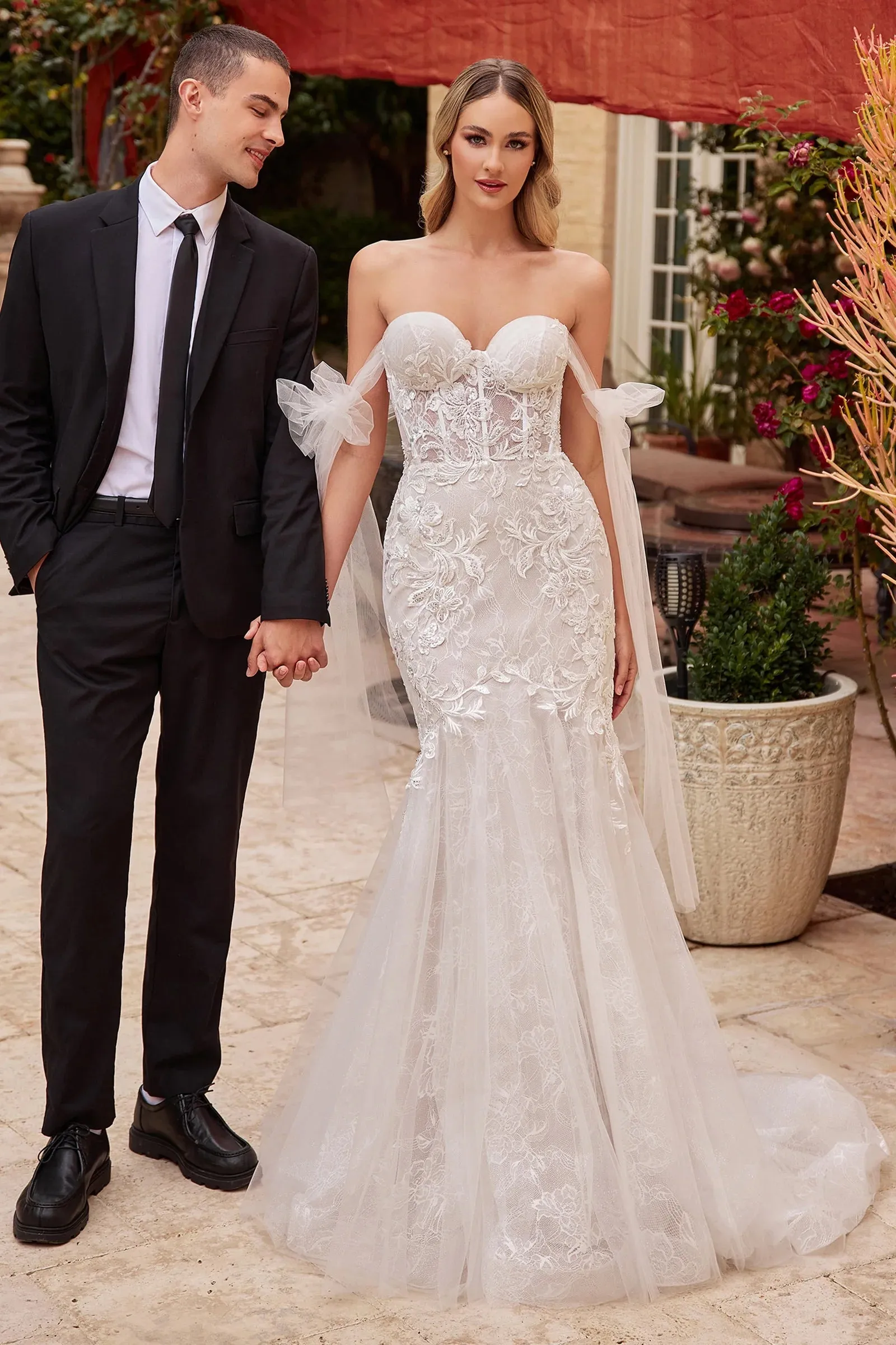 Naomi Off Shoulder Bow Lace Bustier Mermaid Wedding Dress: Off White