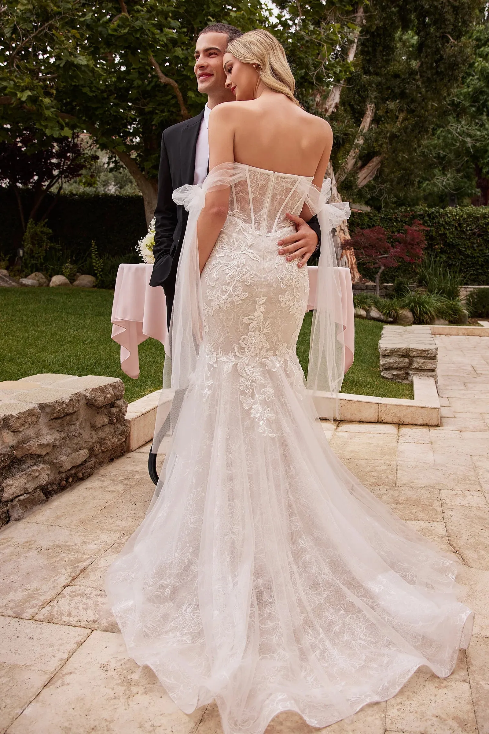 Naomi Off Shoulder Bow Lace Bustier Mermaid Wedding Dress: Off White