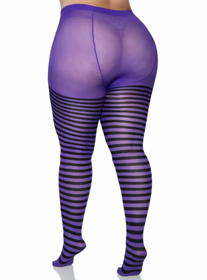 Plus Size Striped Tights in Black & Purple