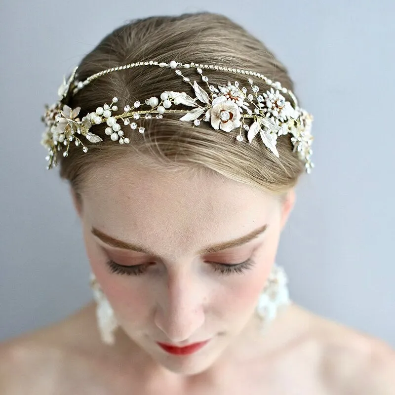 "Gardenia" - Gold Pearl and Crystal Bridal Headband with Matching Earrings