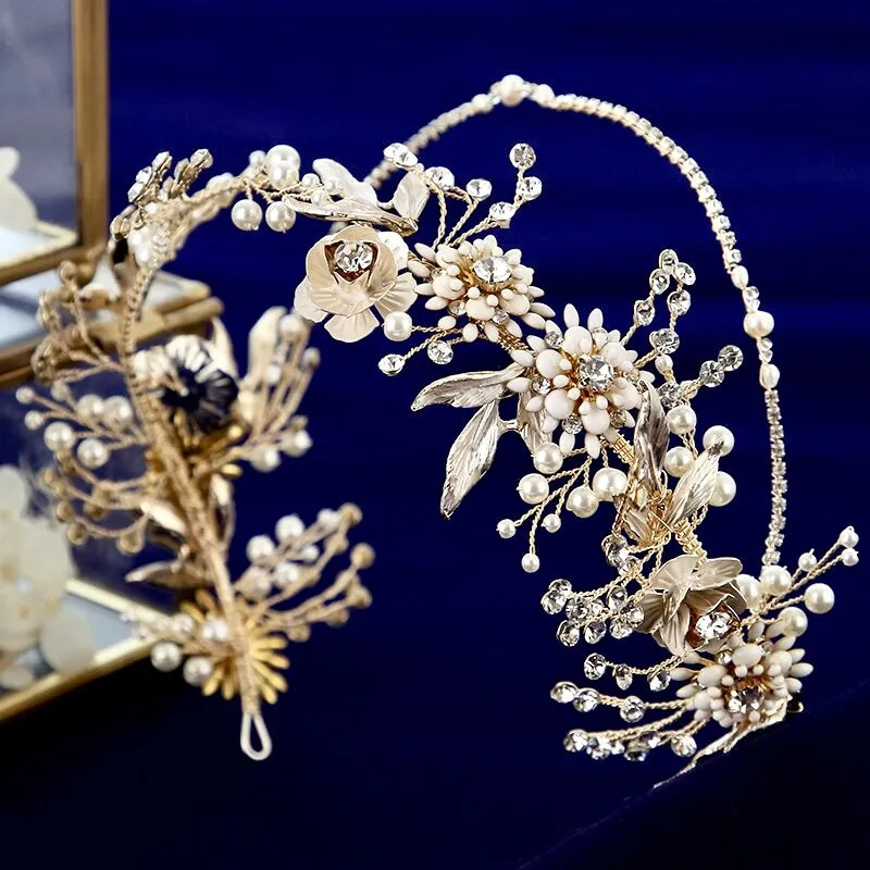 "Gardenia" - Gold Pearl and Crystal Bridal Headband with Matching Earrings