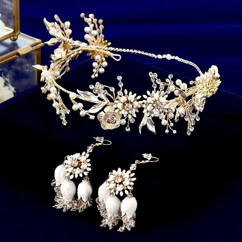 "Gardenia" - Gold Pearl and Crystal Bridal Headband with Matching Earrings
