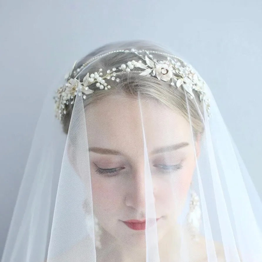 "Gardenia" - Gold Pearl and Crystal Bridal Headband with Matching Earrings