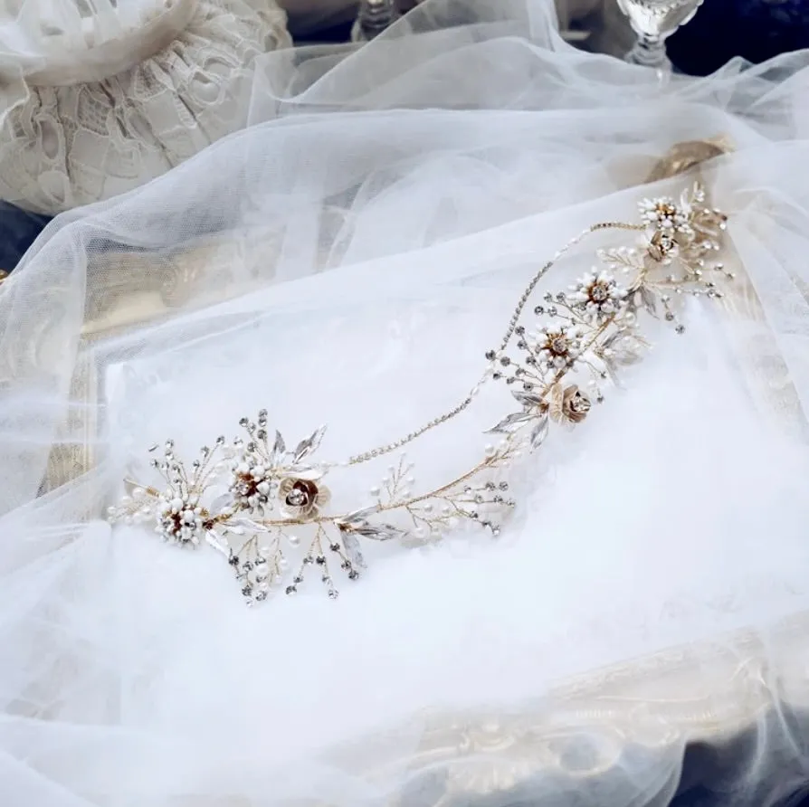 "Gardenia" - Gold Pearl and Crystal Bridal Headband with Matching Earrings