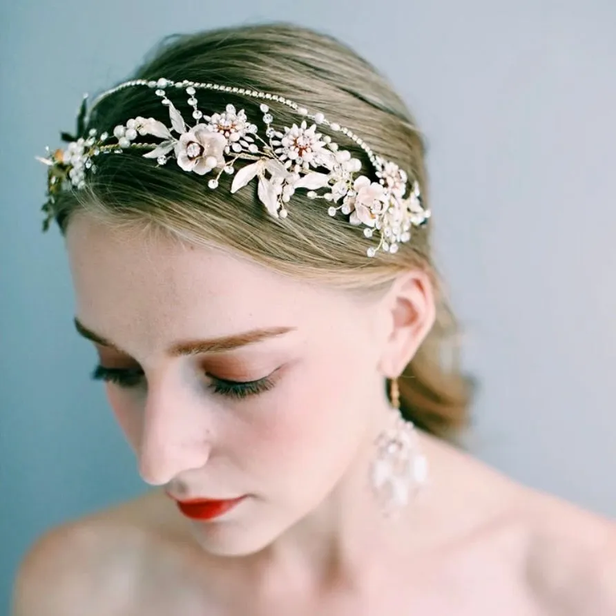 "Gardenia" - Gold Pearl and Crystal Bridal Headband with Matching Earrings