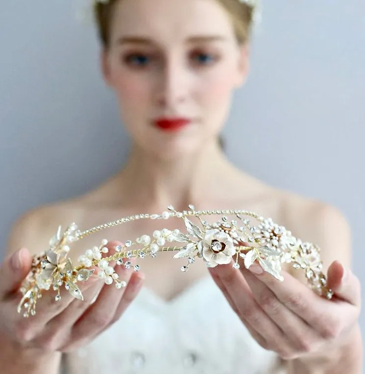 "Gardenia" - Gold Pearl and Crystal Bridal Headband with Matching Earrings