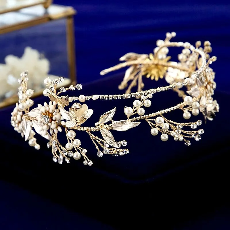 "Gardenia" - Gold Pearl and Crystal Bridal Headband with Matching Earrings