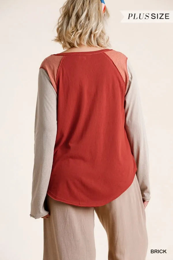 Raw Edge Color Block Top, Brick