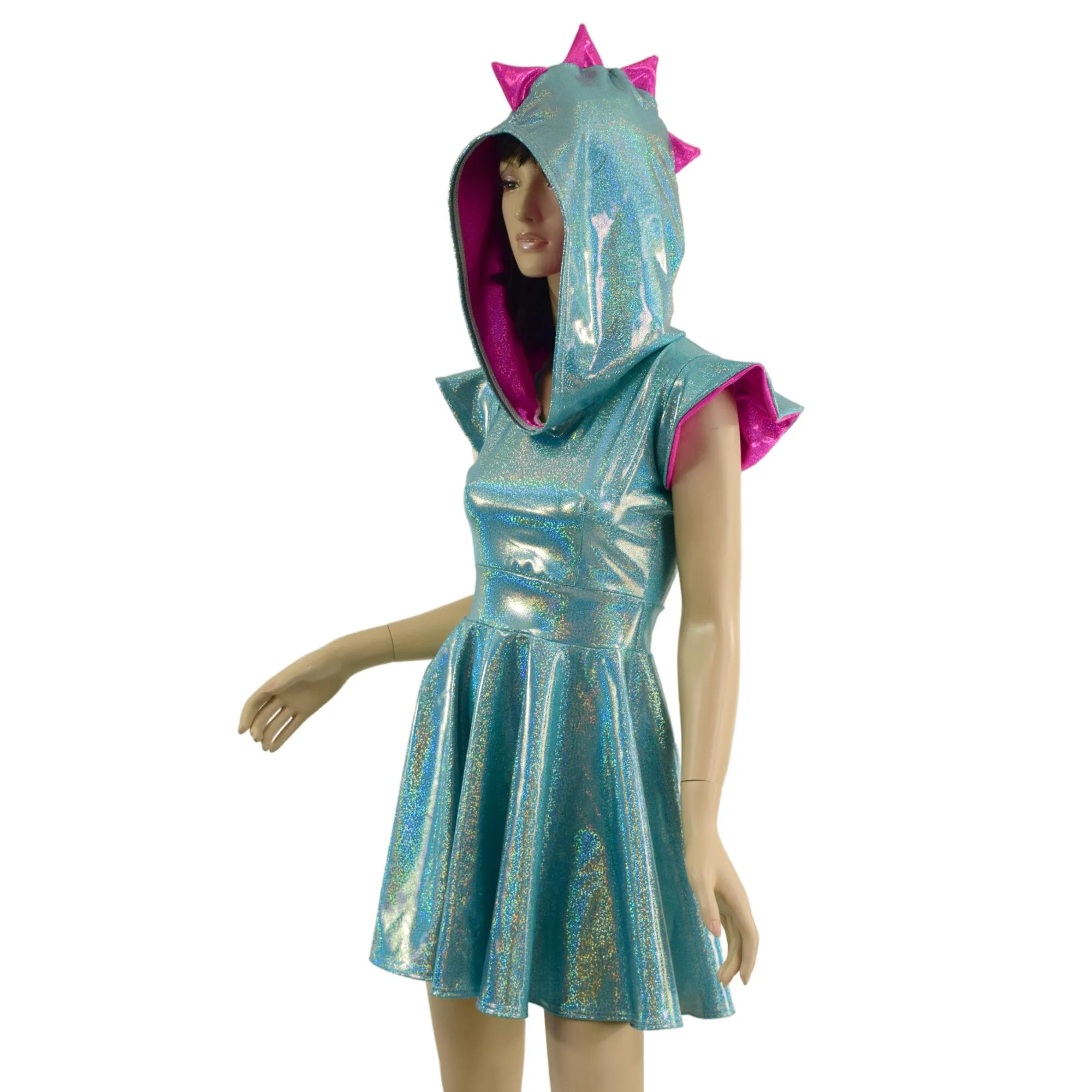 Ready to Ship Seafoam and Pink Dragon Hooded Skater Dress with Flip Sleeves 2XL