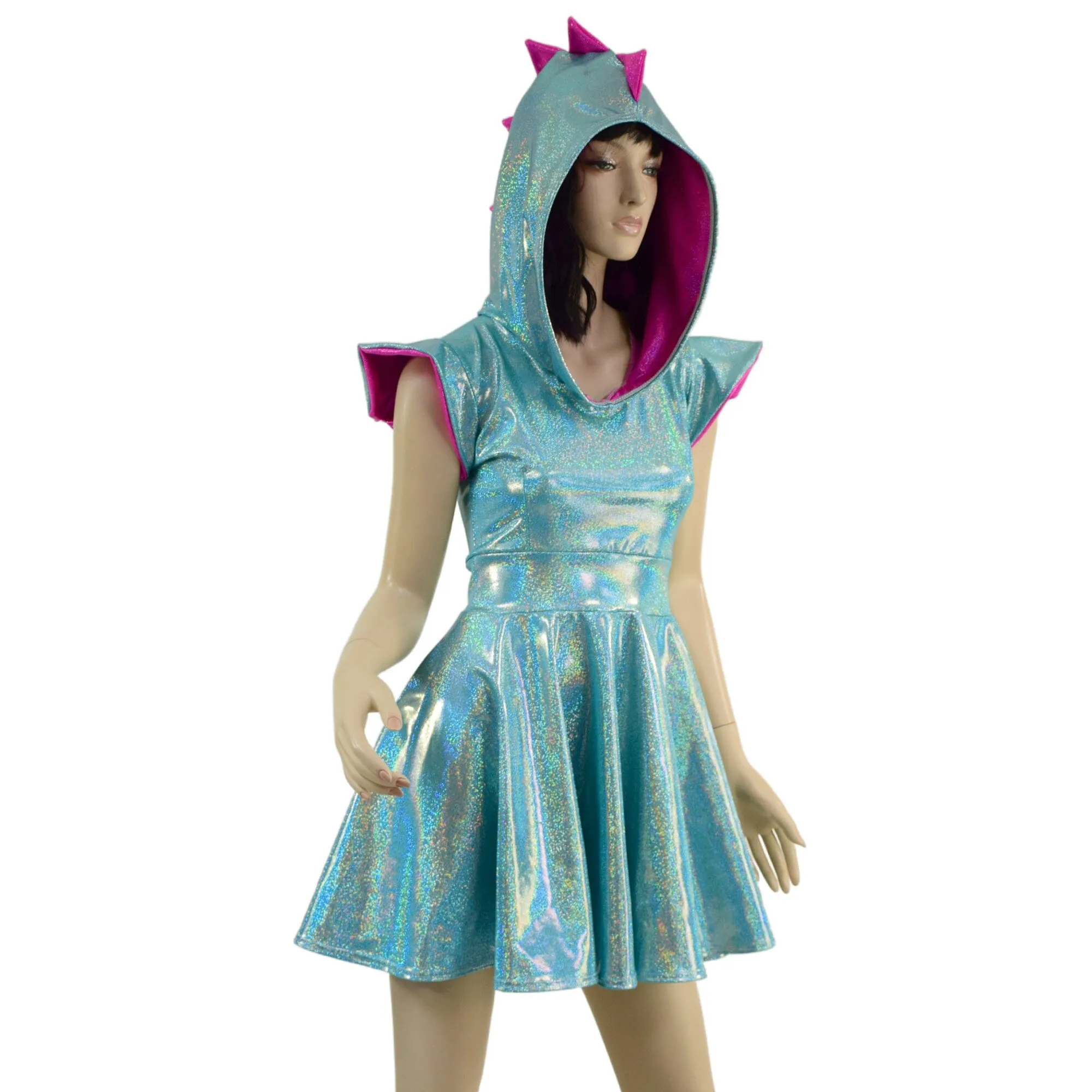 Ready to Ship Seafoam and Pink Dragon Hooded Skater Dress with Flip Sleeves 2XL
