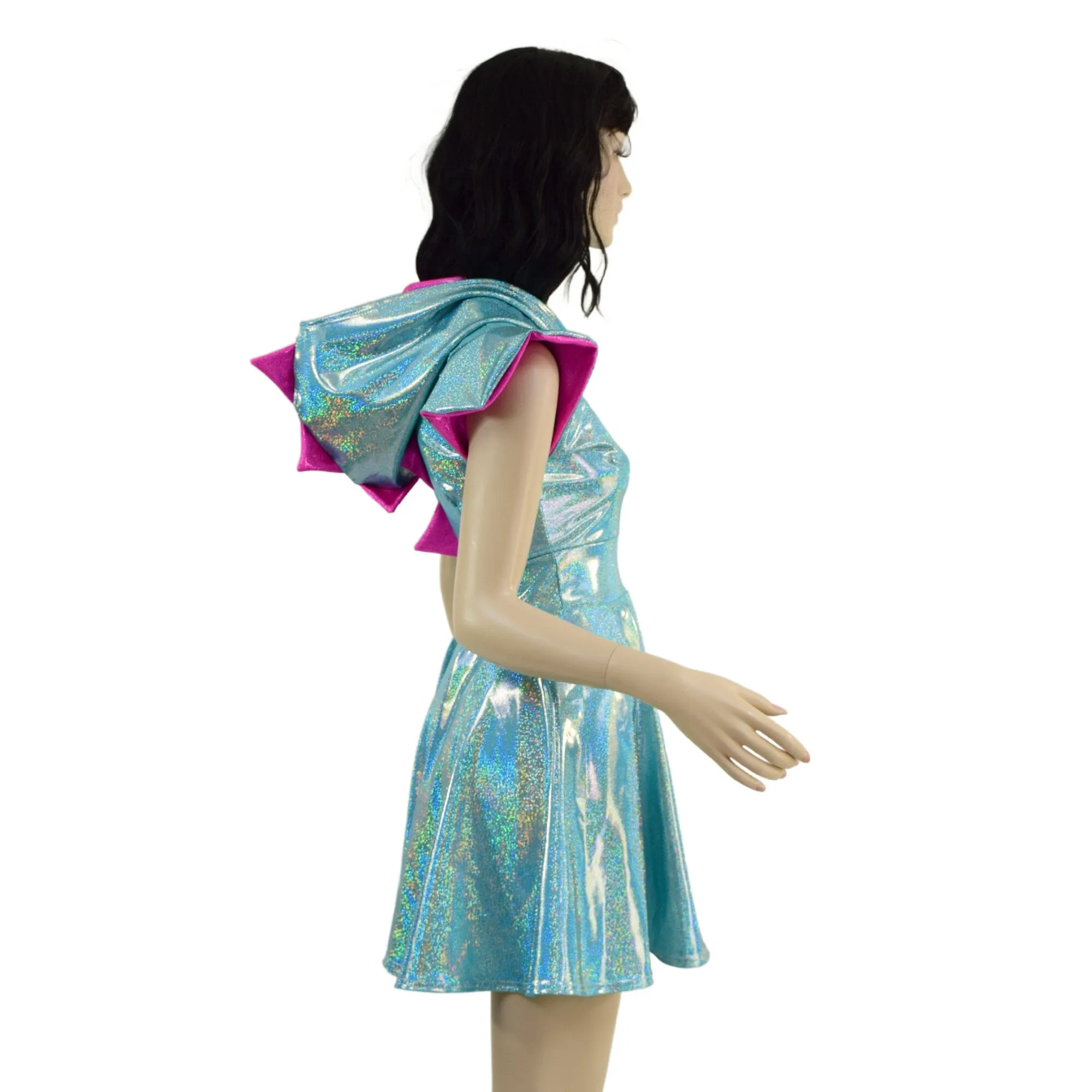 Ready to Ship Seafoam and Pink Dragon Hooded Skater Dress with Flip Sleeves 2XL